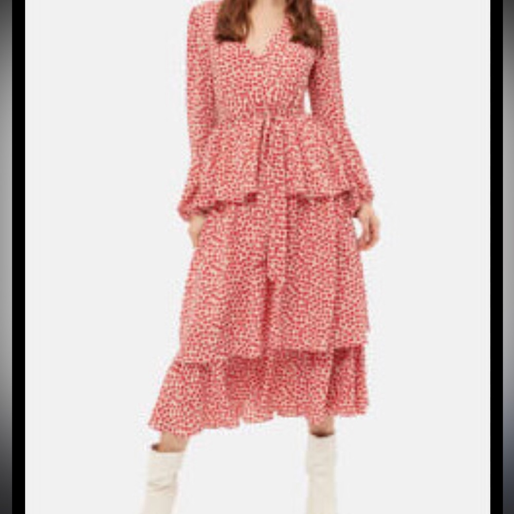 Traffic People Red Print Long Sleeve Tiered Dress